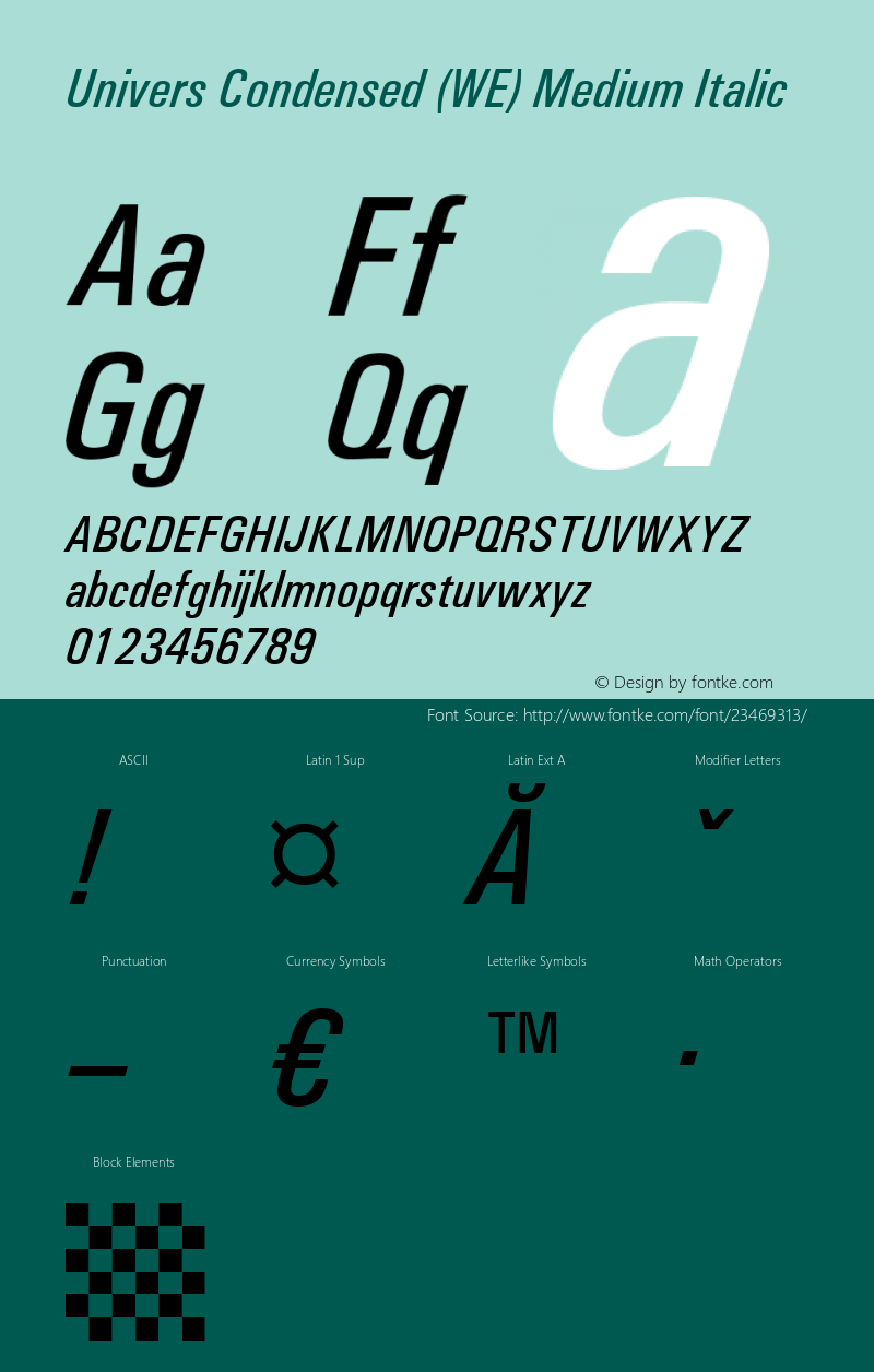 Univers Condensed (WE) Medium Italic 19: 94039 Font Sample