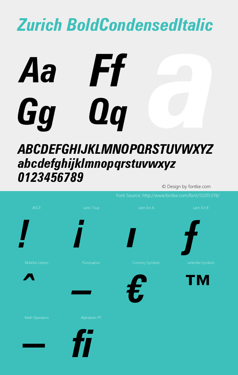 Zurich BoldCondensedItalic Version 003.001 Font Sample