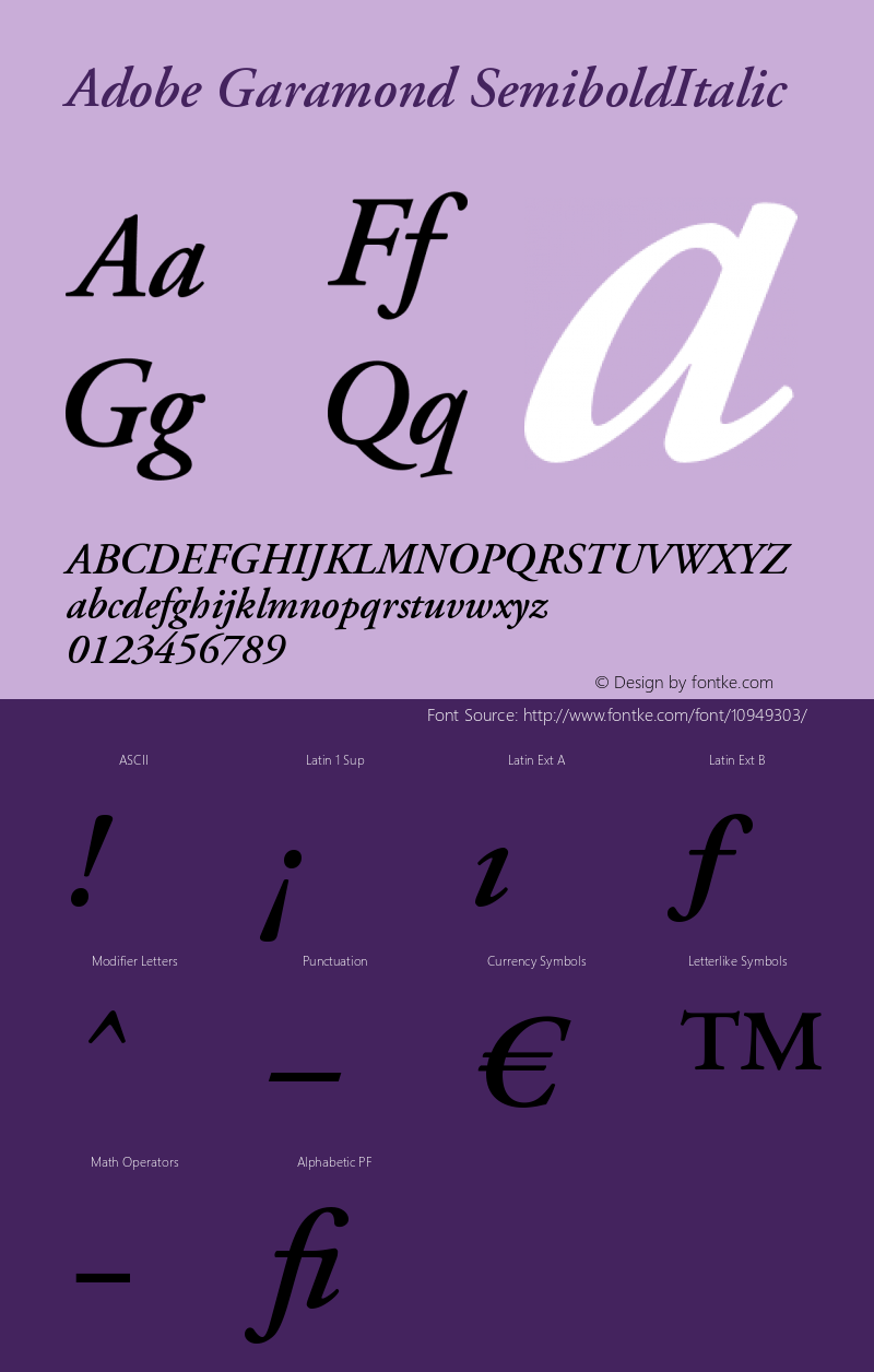 Adobe Garamond SemiboldItalic Version 001.003 Font Sample