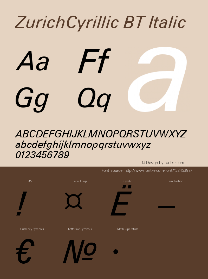ZurichCyrillic BT Italic Version 2.00 Bitstream Cyrillic Set Font Sample