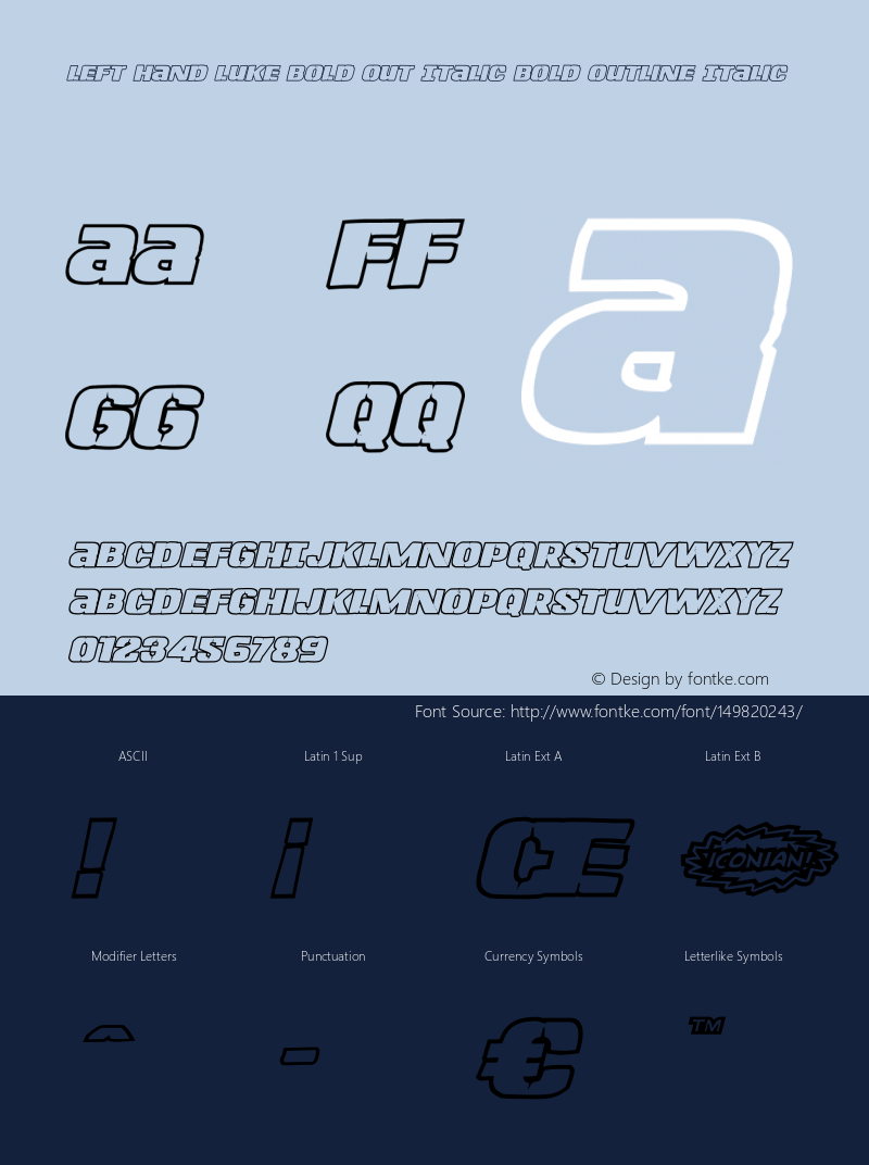 Left Hand Luke Bold Out Italic Version 1.0; 2014 Font Sample