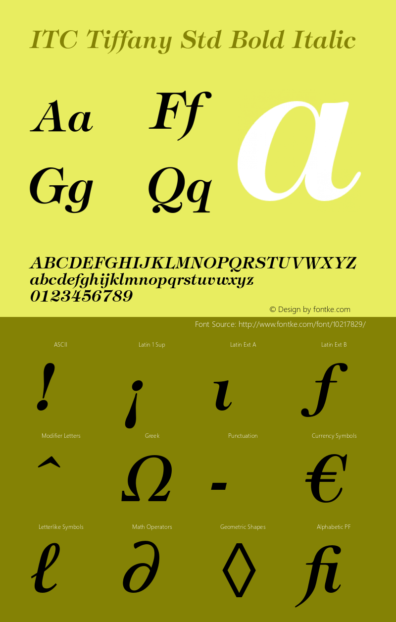 ITC Tiffany Std Bold Italic Version 2.036;PS 002.000;hotconv 1.0.50;makeotf.lib2.0.16970 Font Sample