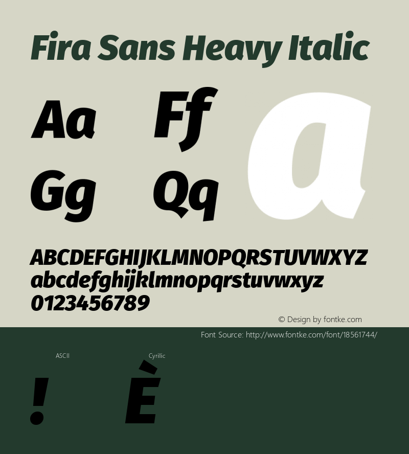 Fira Sans Heavy Italic Version 4.203;PS 004.203;hotconv 1.0.88;makeotf.lib2.5.64775; ttfautohint (v1.4.1) Font Sample