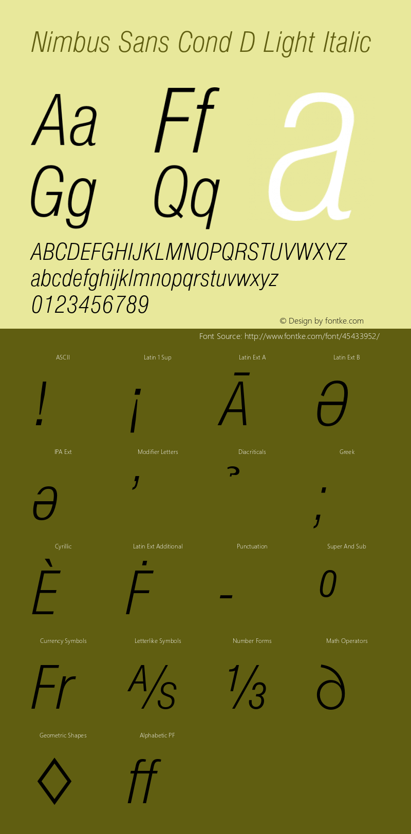 NimbusSanConD-LigIta Version 1.000;PS 1.00;hotconv 1.0.57;makeotf.lib2.0.21895 Font Sample