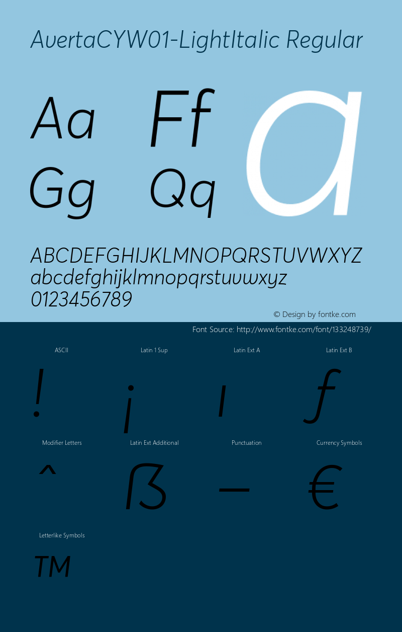 Averta CY W01 Light Italic Version 1.008 Font Sample