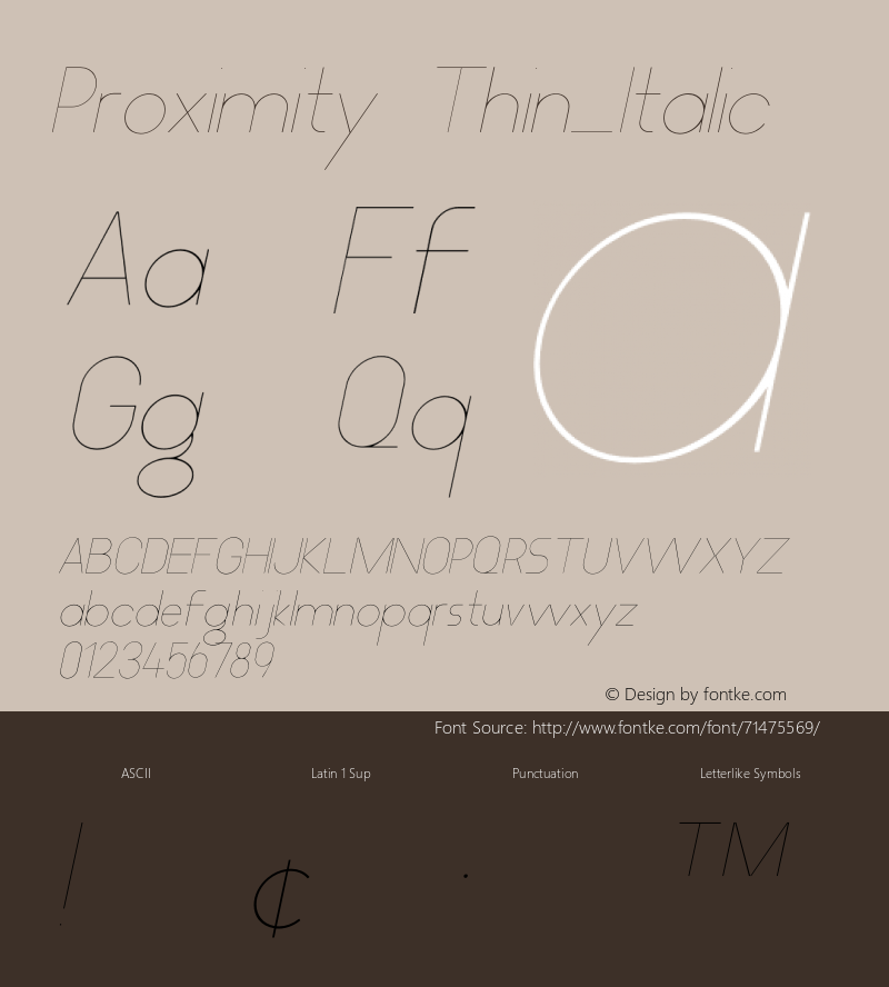 Proximity Thin_Italic Version 1.000 Font Sample