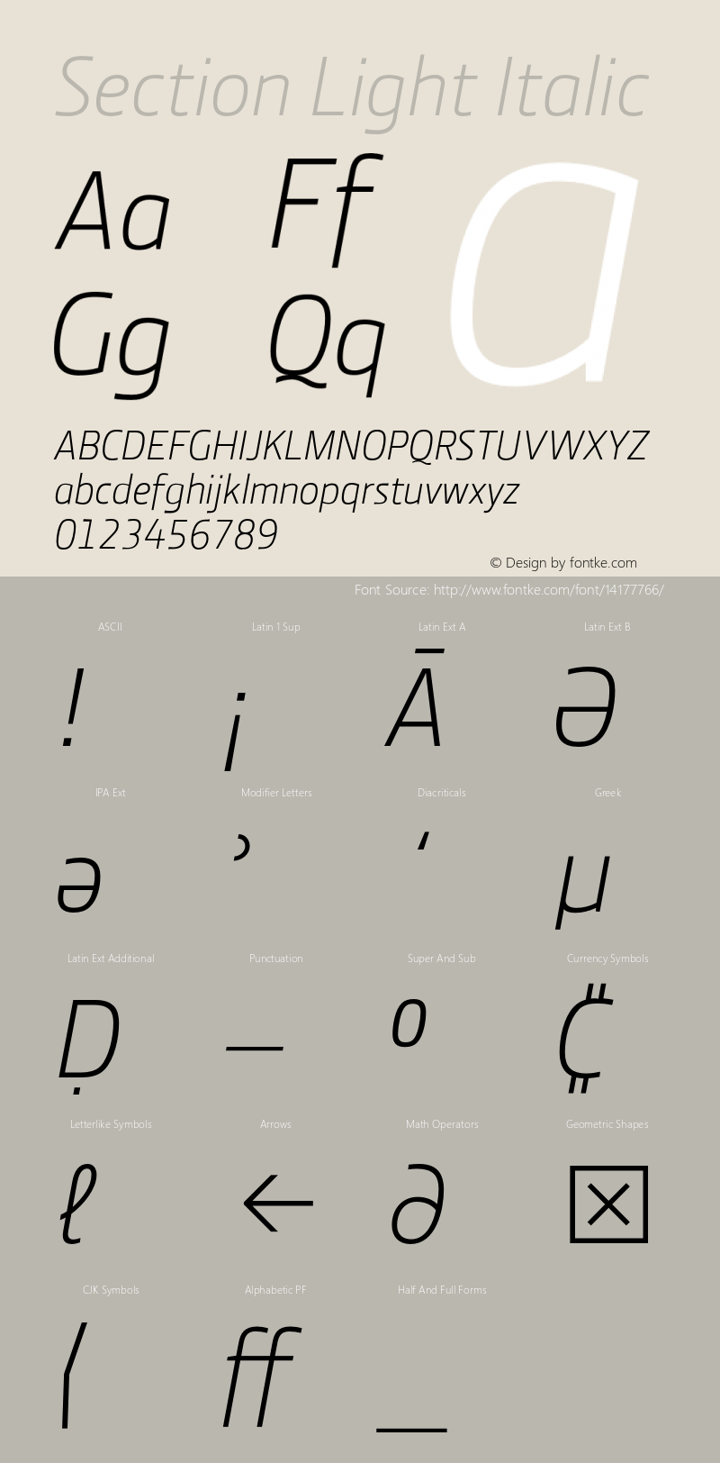 Section Light Italic 2.000 Font Sample