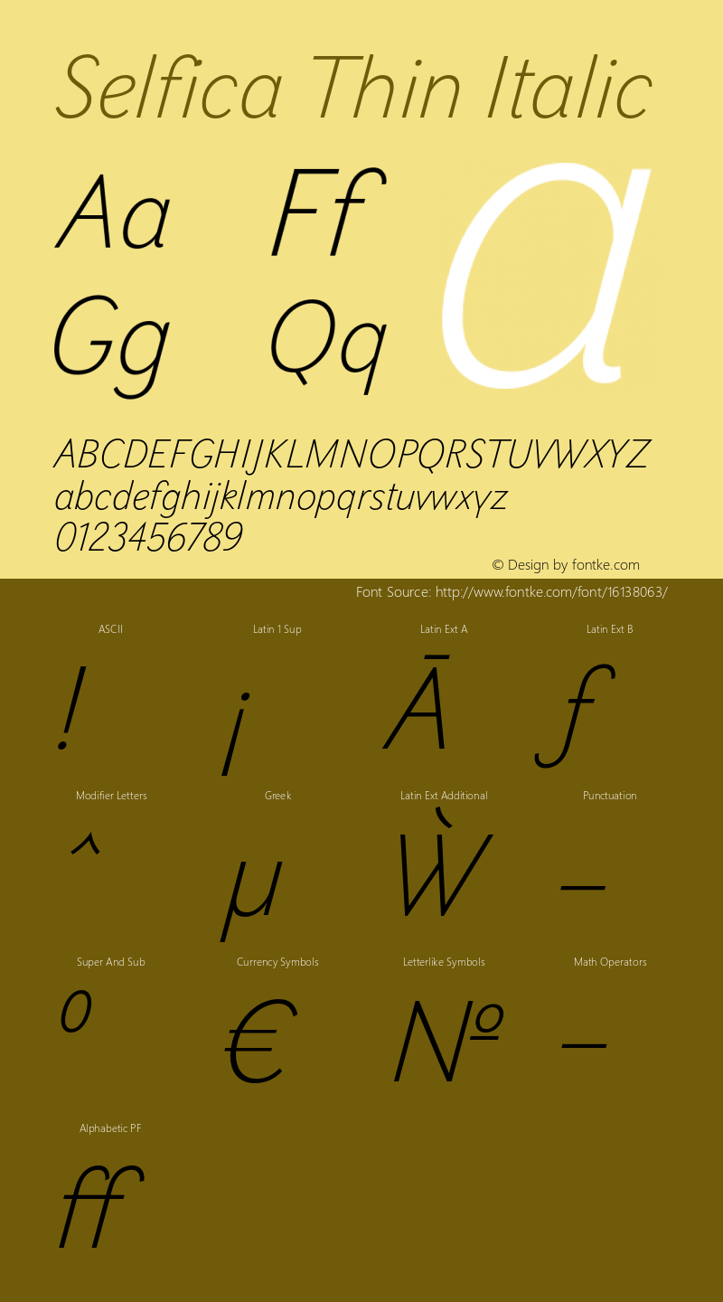 Selfica Thin Italic Version 1.000; initial release Font Sample