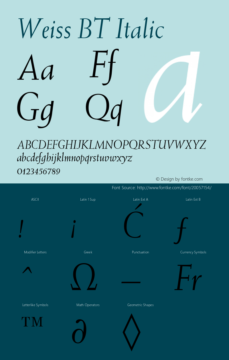 Weiss BT Italic mfgpctt-v4.5 Fri Jun 25 16:10:46 EDT 1999 Font Sample