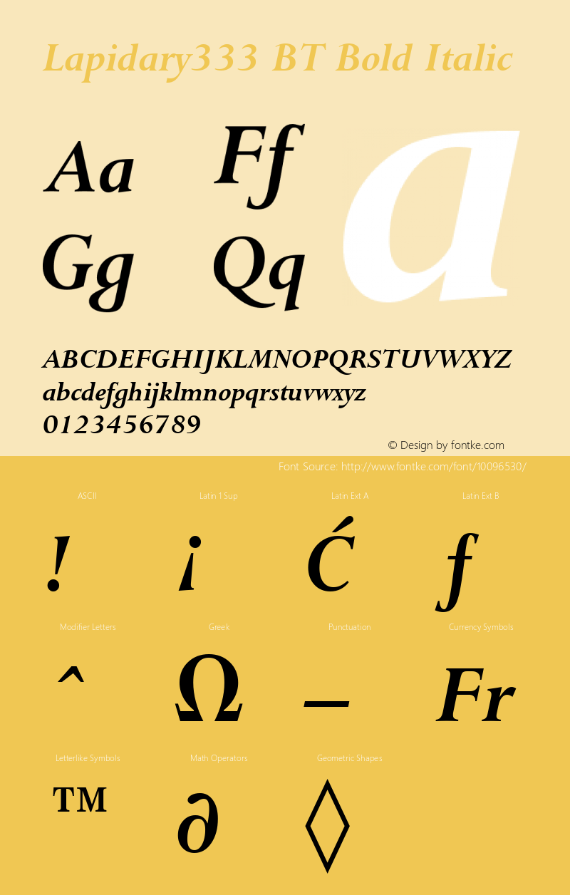 Lapidary333 BT Bold Italic Version 2.001 mfgpctt 4.4 Font Sample