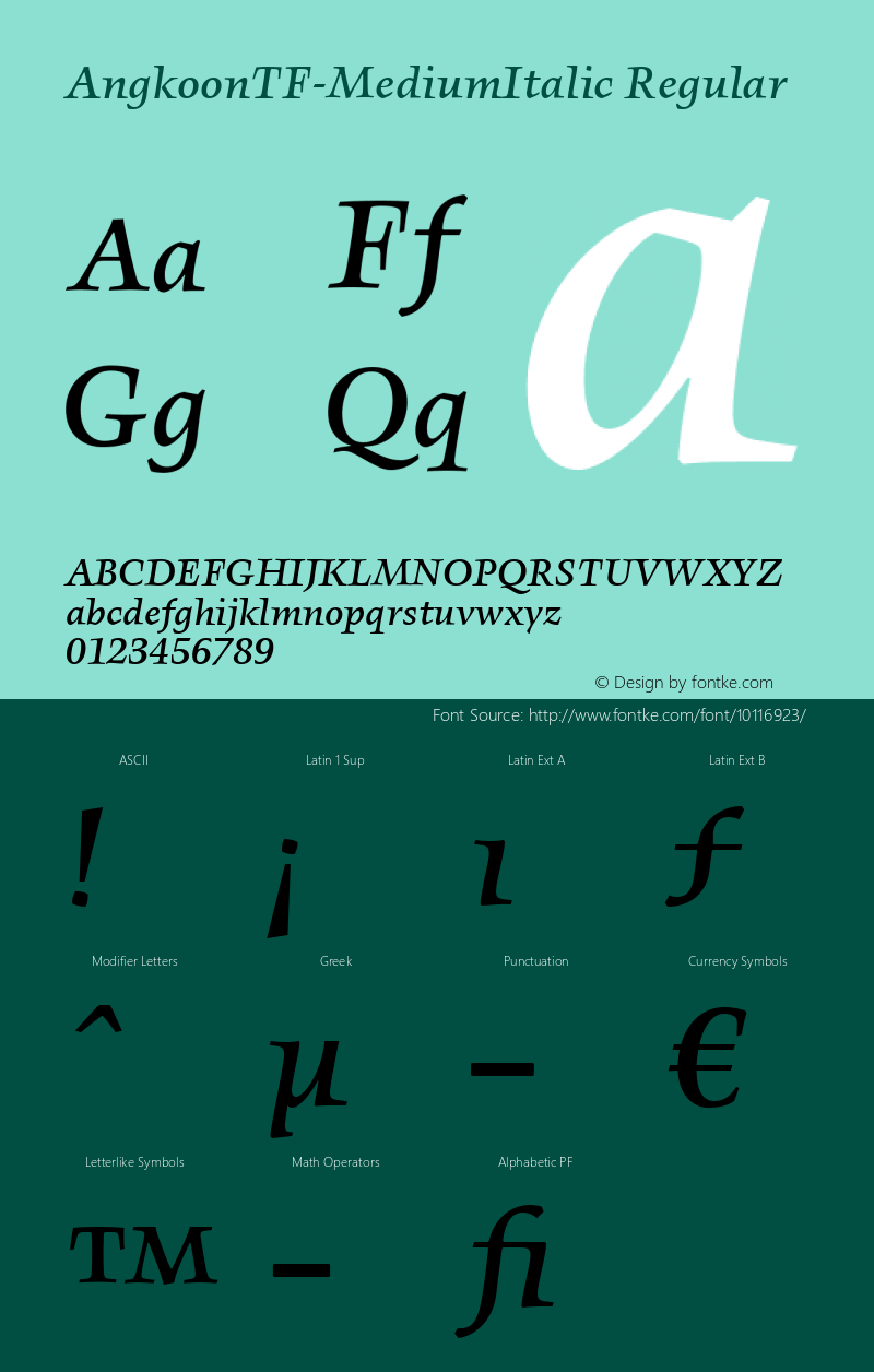 AngkoonTF-MediumItalic Regular Version 4.452 2003 Font Sample