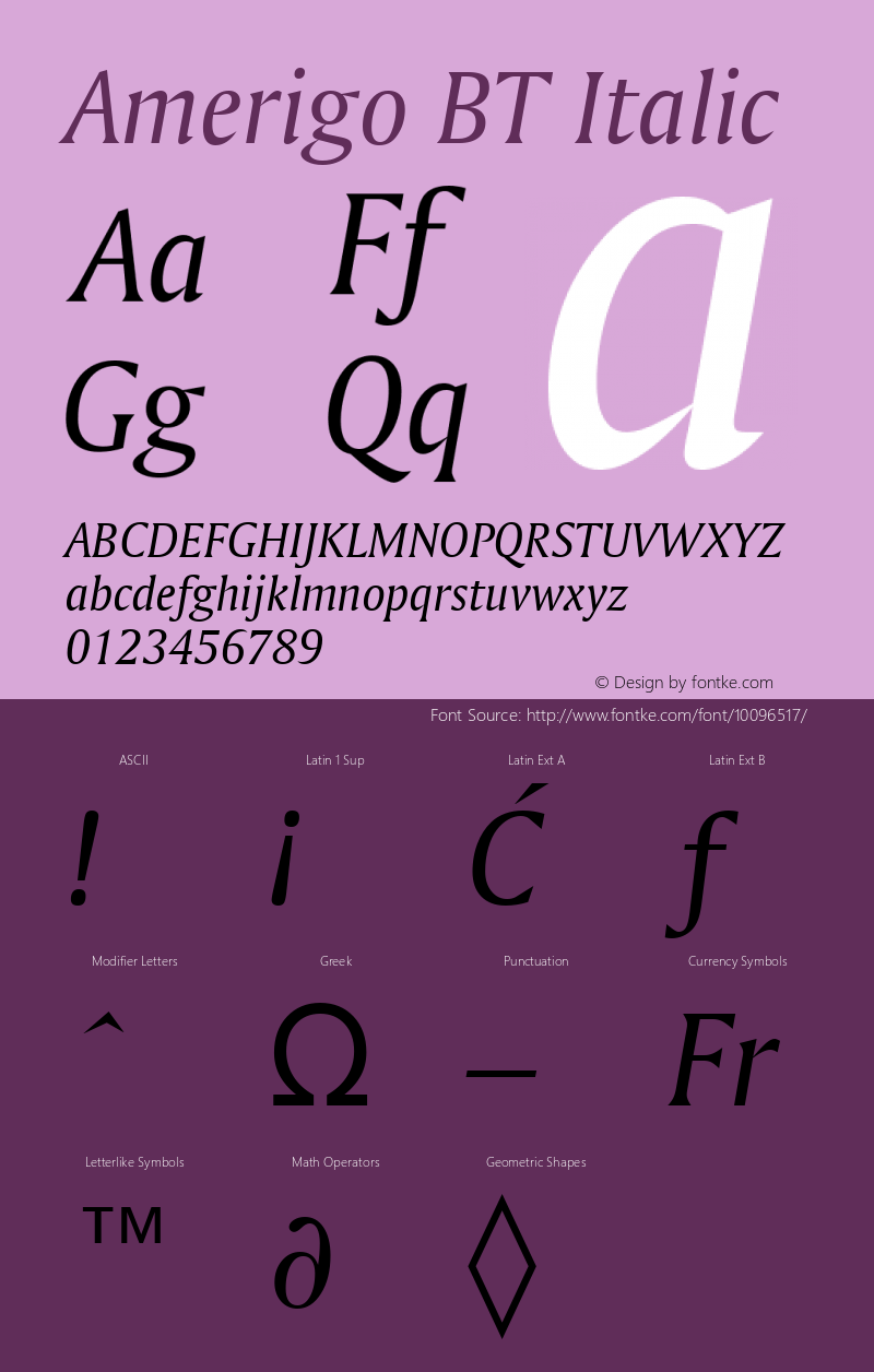 Amerigo BT Italic Version 2.001 mfgpctt 4.4 Font Sample