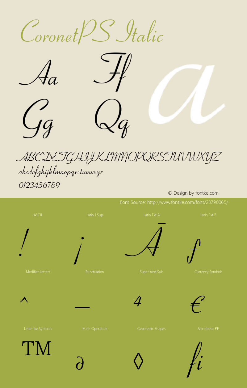 CoronetPS Italic Version 1.0 Font Sample