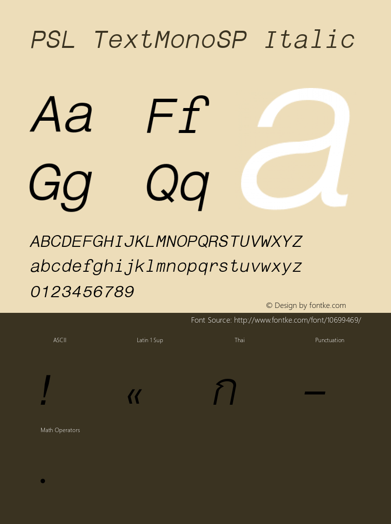 PSL TextMonoSP Italic Series 2, Version 3.1, for Win 95/98/ME/2000/NT, release November 2002. Font Sample