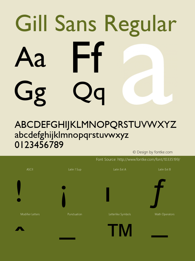 Gill Sans Regular V.2.00: Re-make of TrueType for PS metric compatibility...hand hinted in TypeMan Font Sample