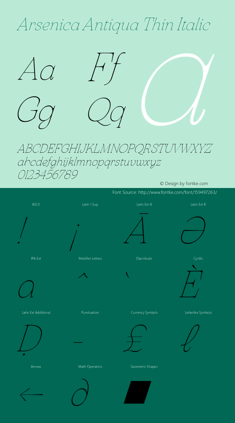 Arsenica Antiqua Thin Italic Version 0.003;hotconv 1.0.109;makeotfexe 2.5.65596 Font Sample