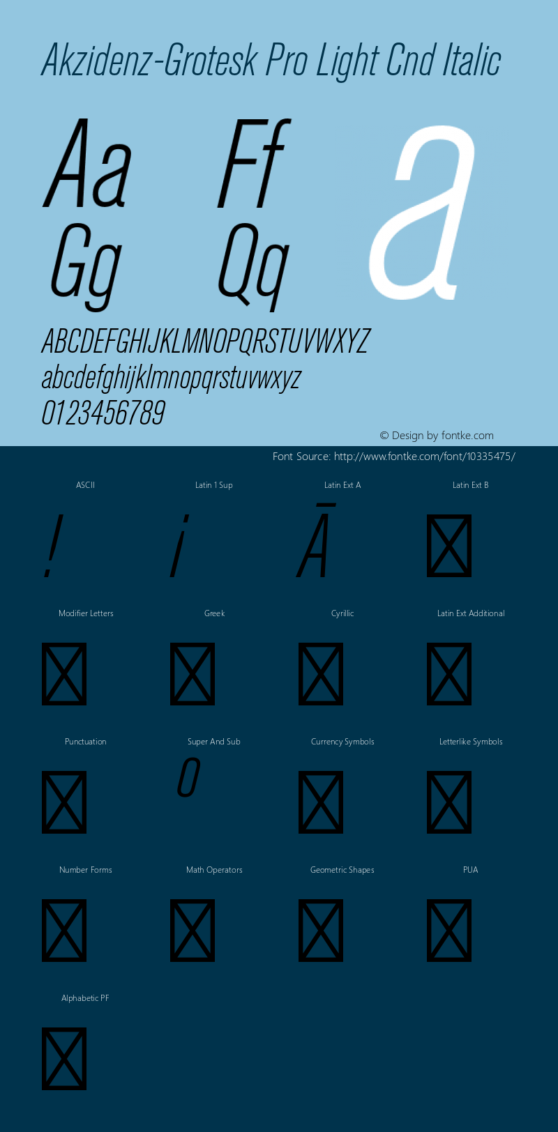 Akzidenz-Grotesk Pro Light Cnd Italic Version 001.001;Core 1.0.01;otf.5.02.2291;11.07W Font Sample