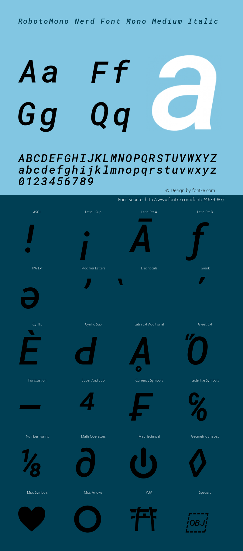Roboto Mono Medium Italic Nerd Font Complete Mono Version 2.000986; 2015; ttfautohint (v1.3) Font Sample