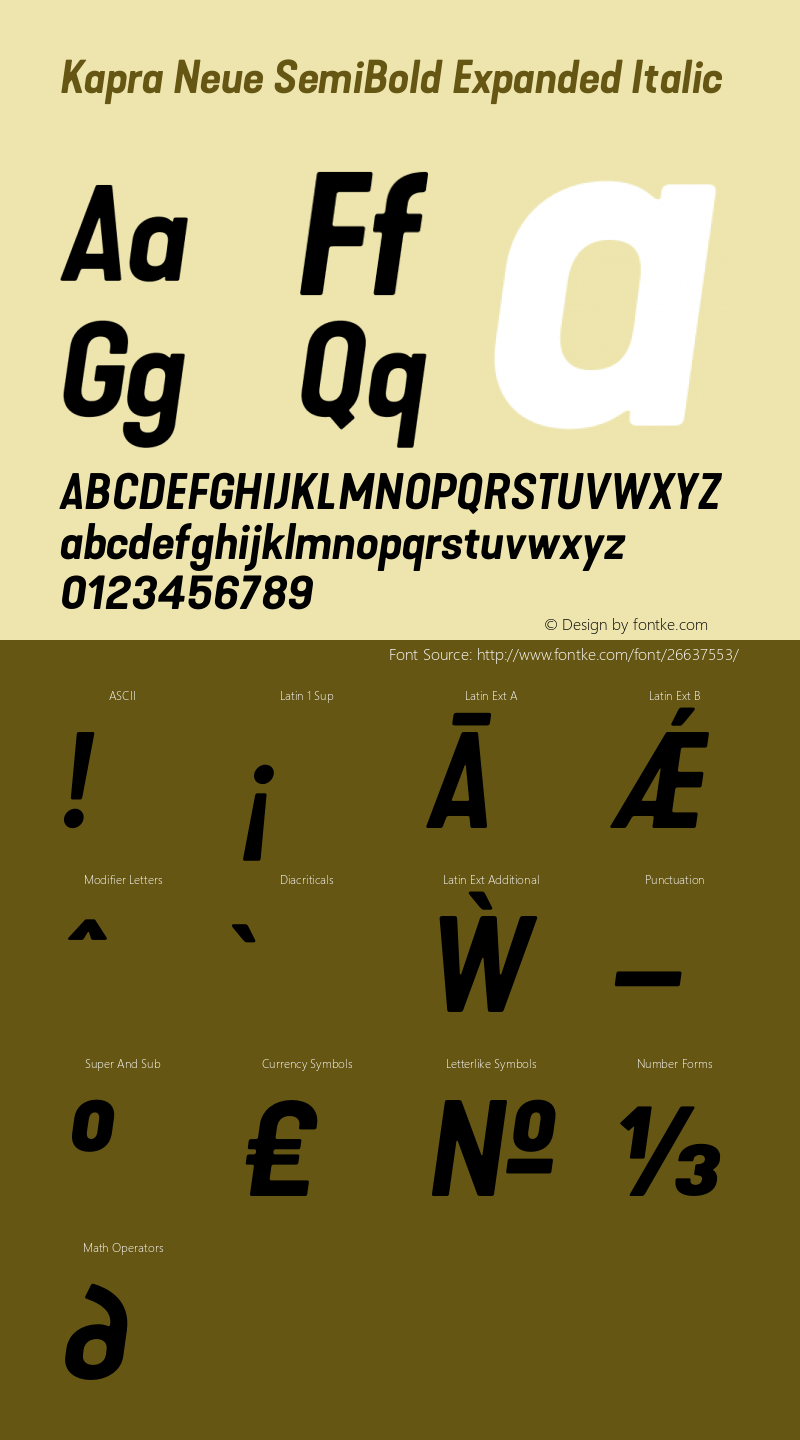 Kapra Neue SemiBold Expanded Italic Version 1.000;PS 001.000;hotconv 1.0.88;makeotf.lib2.5.64775 Font Sample