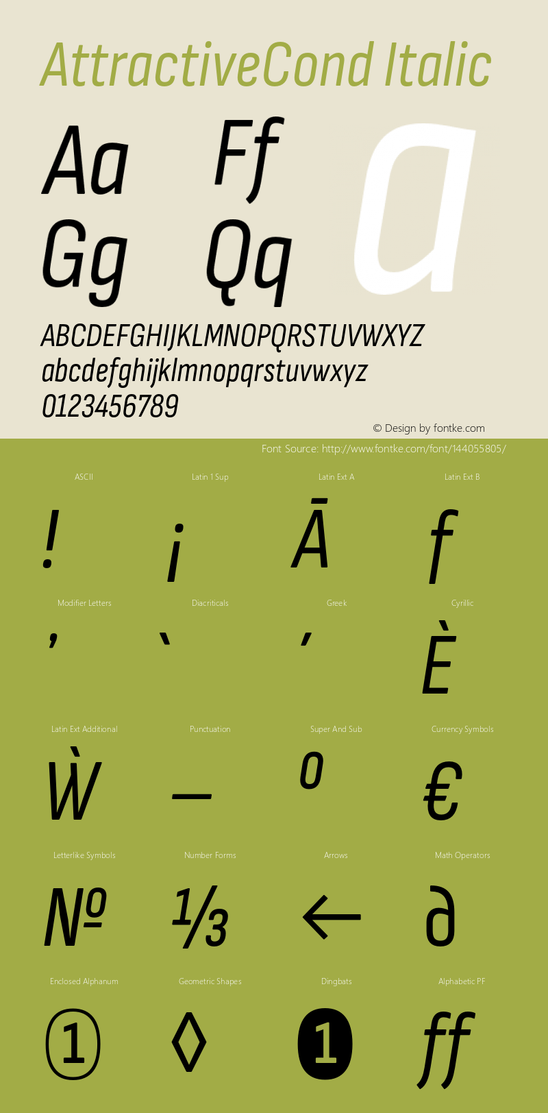 AttractiveCond Italic Version 3.001;PS 003.001;hotconv 1.0.88;makeotf.lib2.5.64775 Font Sample