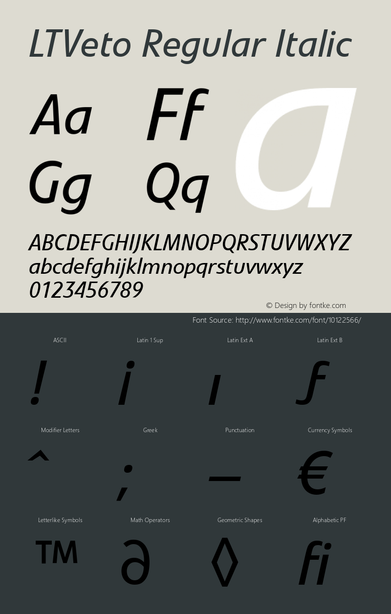 LTVeto Regular Italic Version 1.0; 2000; initial release Font Sample