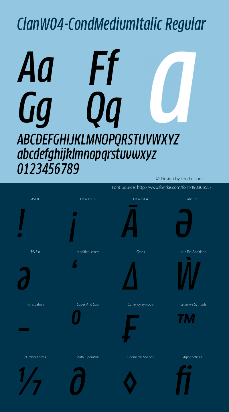 ClanW04-CondMediumItalic Regular Version 7.504 Font Sample