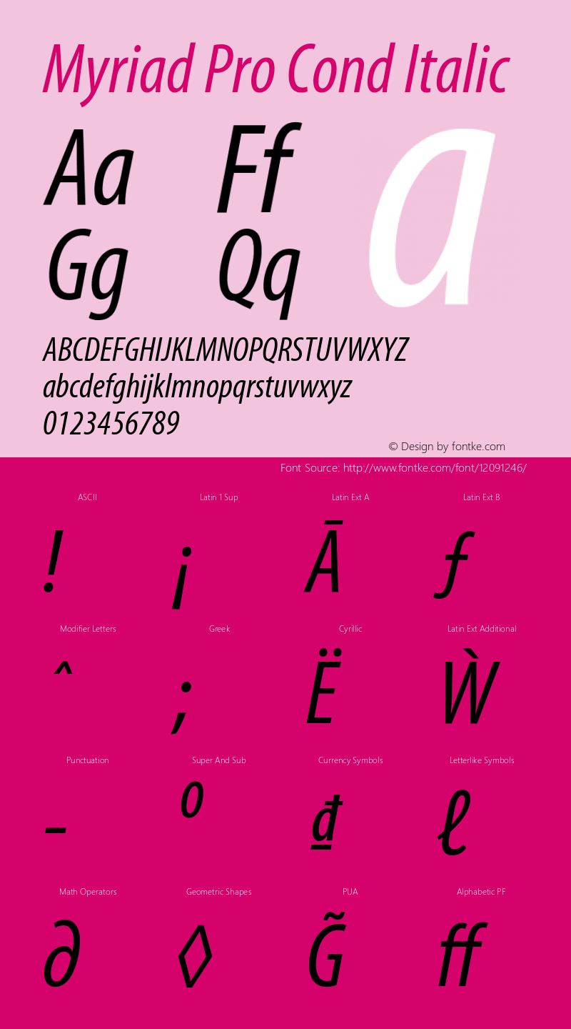 Myriad Pro Cond Italic Version 2.062;PS 2.000;hotconv 1.0.57;makeotf.lib2.0.21895 Font Sample