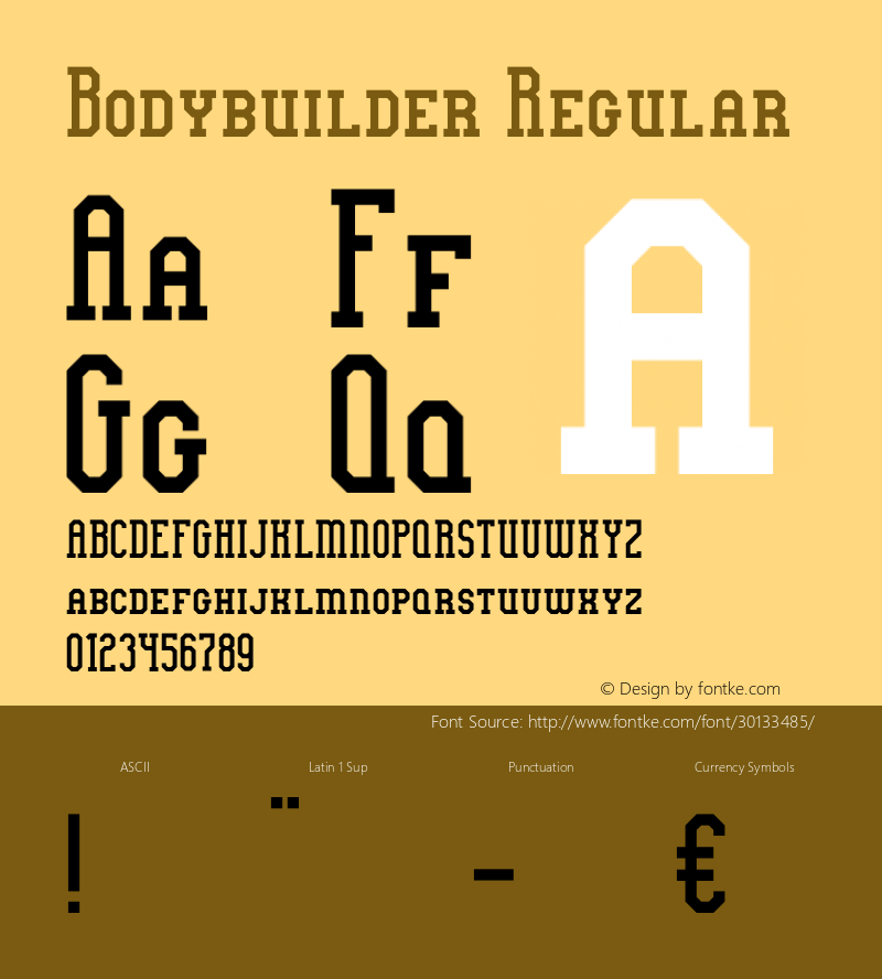 Bodybuilder Regular Version 1.00;May 22, 2019;FontCreator 11.5.0.2430 64-bit Font Sample