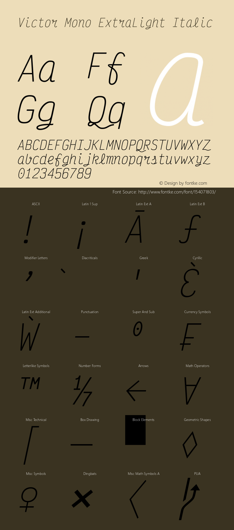 Victor Mono ExtraLight Italic Version 1.420;hotconv 1.0.109;makeotfexe 2.5.65596 Font Sample