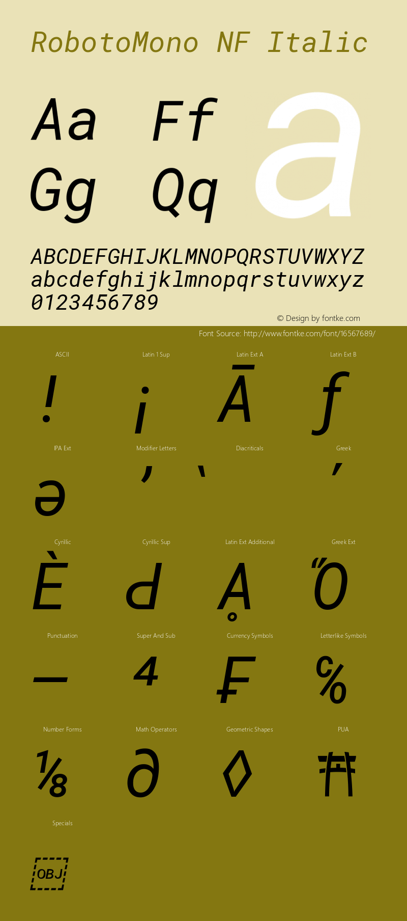 RobotoMono NF Italic Version 2.000986; 2015; ttfautohint (v1.3) Font Sample