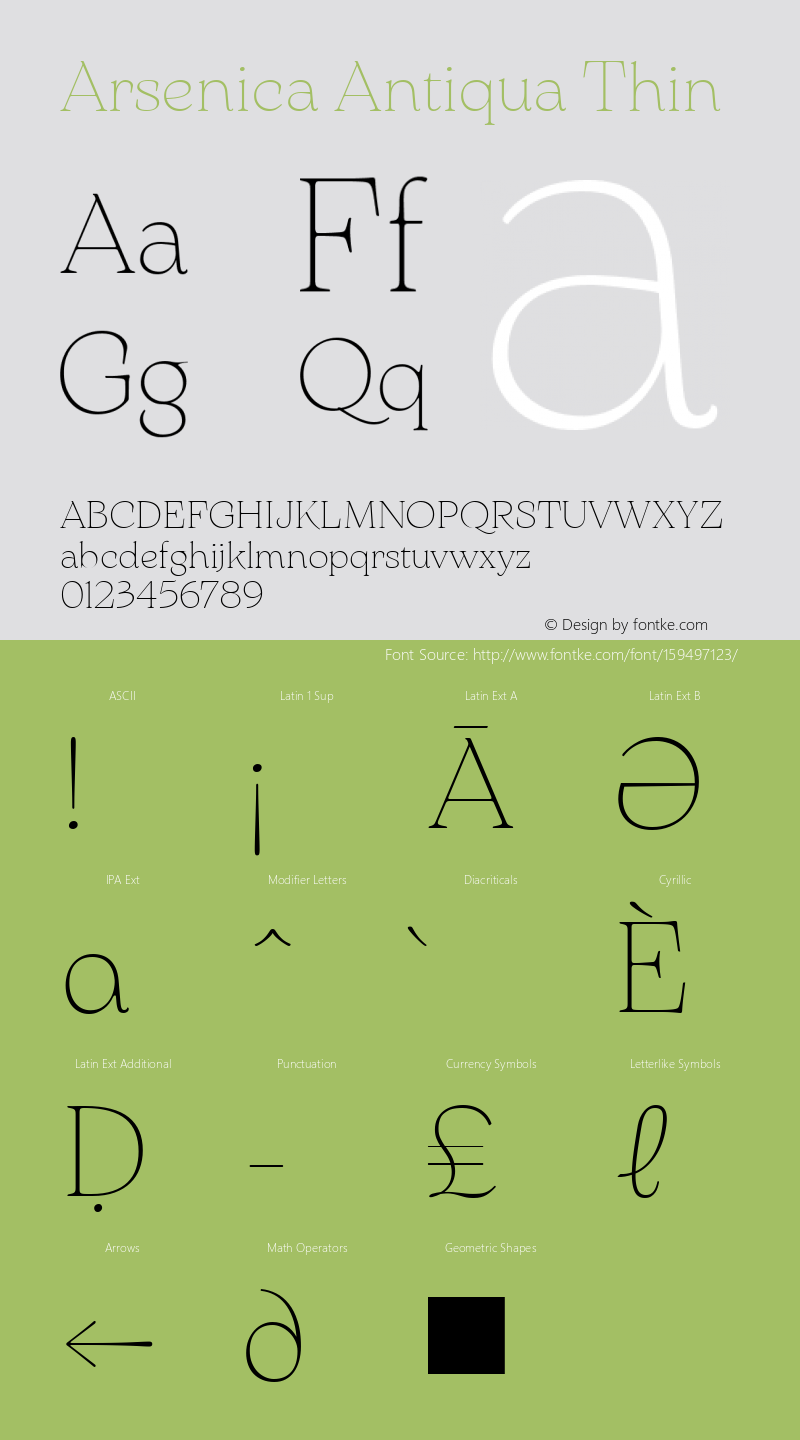 Arsenica Antiqua Thin Version 0.003;hotconv 1.0.109;makeotfexe 2.5.65596 Font Sample