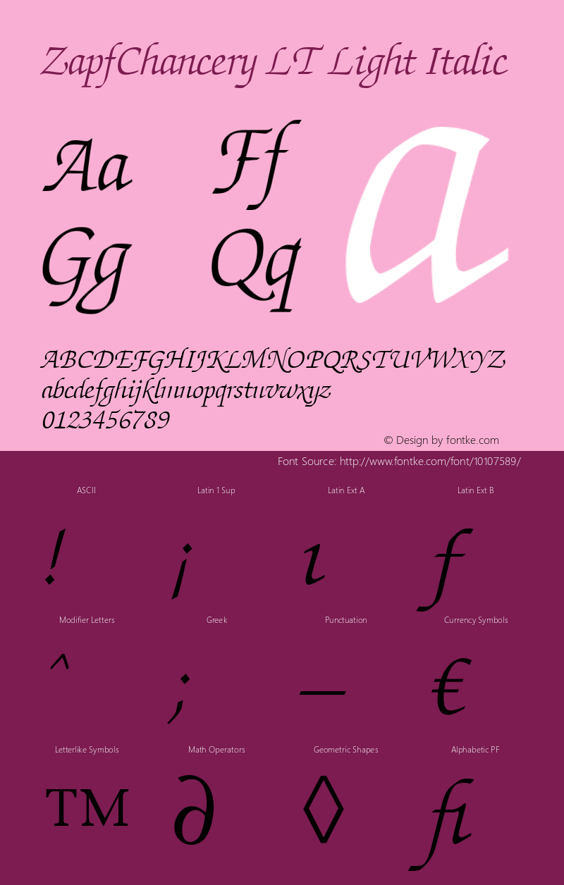 ZapfChancery LT Light Italic Version 6.1; 2002 Font Sample