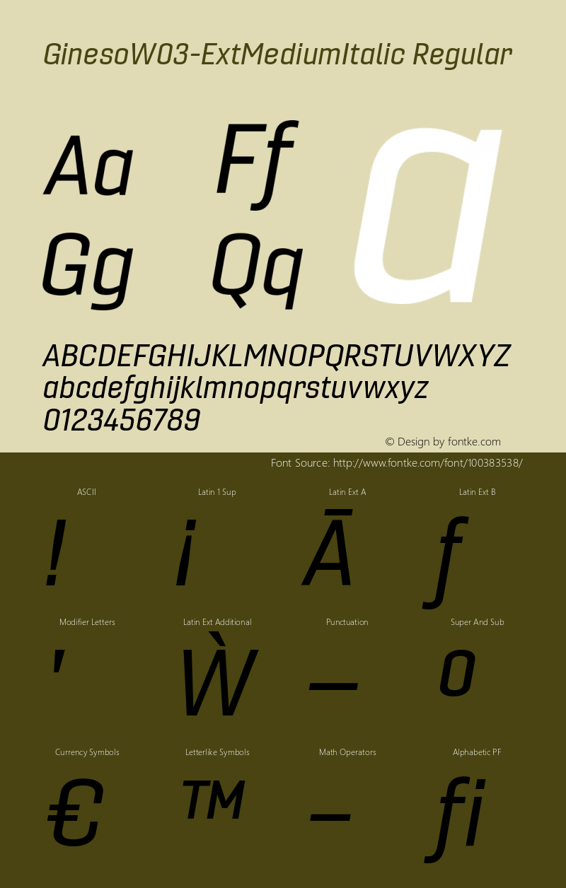 Gineso W03 Ext Medium Italic Version 1.001 Font Sample