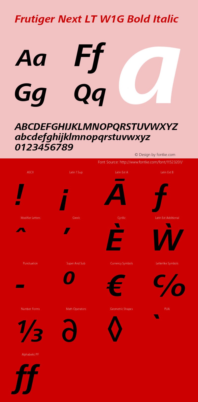 Frutiger Next LT W1G Bold Italic Version 1.00 Font Sample