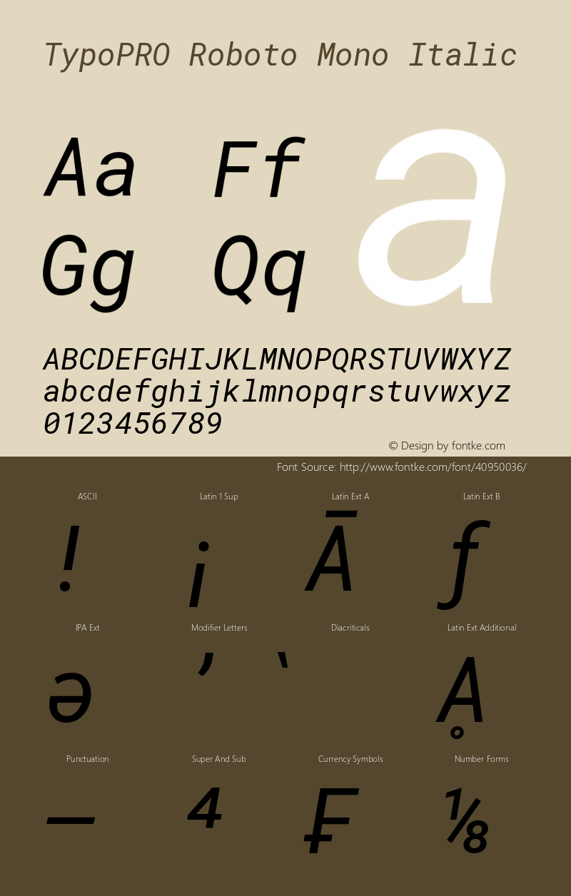 TypoPRO Roboto Mono Italic Version 2.002; 2015; ttfautohint (v1.3) Font Sample