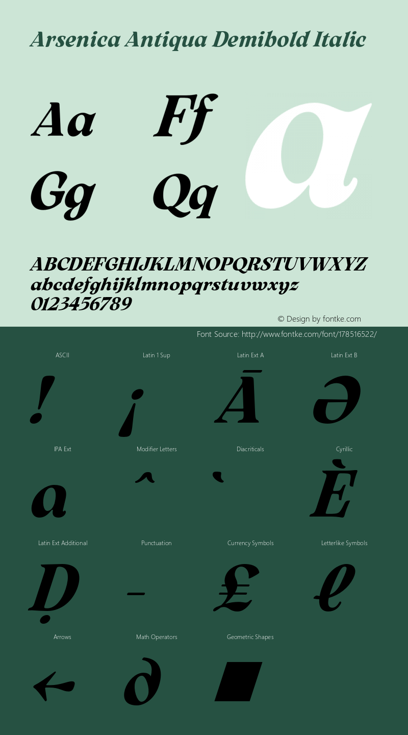 Arsenica Antiqua Demibold Italic Version 0.003;hotconv 1.0.109;makeotfexe 2.5.65596图片样张