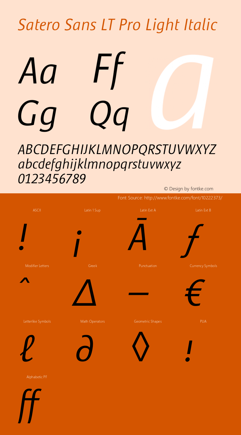 Satero Sans LT Pro Light Italic Version 1.000;PS 001.000;hotconv 1.0.38 Font Sample