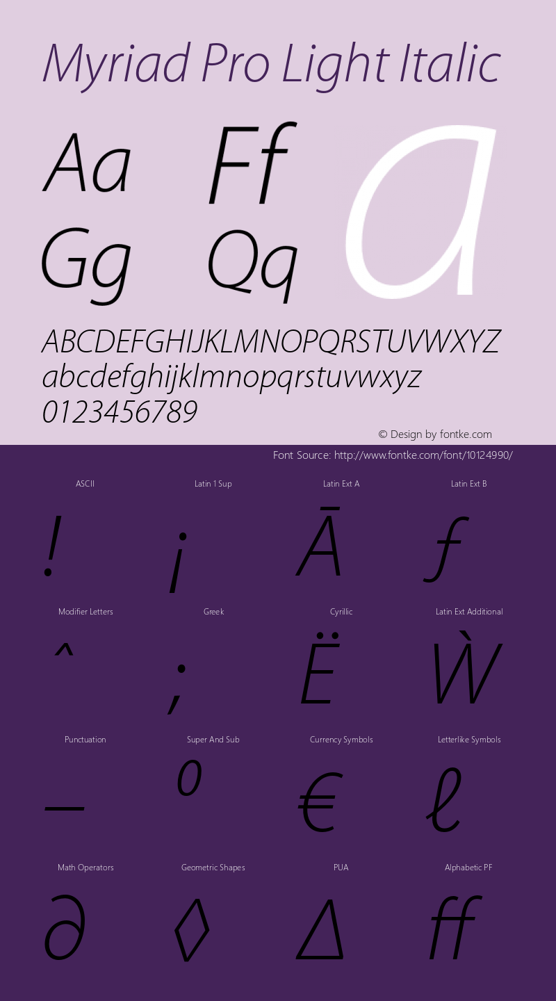 Myriad Pro Light Italic OTF 1.006;PS 001.000;Core 1.0.23;hotunix 1.28 Font Sample