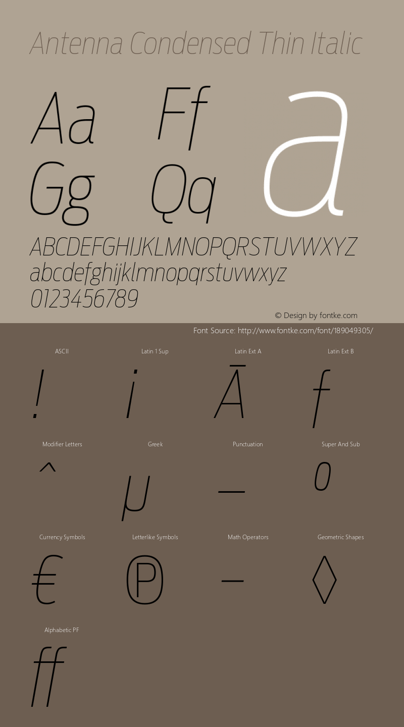 AntennaCondensed Thin Italic Version 1.000;PS 1.0;hotconv 1.0.72;makeotf.lib2.5.5900图片样张