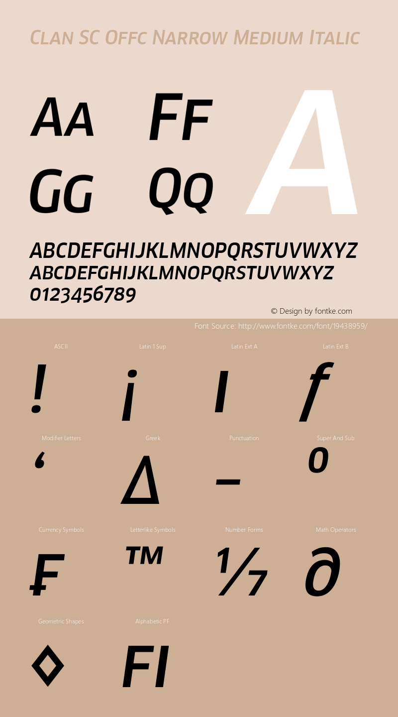 Clan SC Offc Narrow Medium Italic Version 7.504; 2010; Build 1020 Font Sample