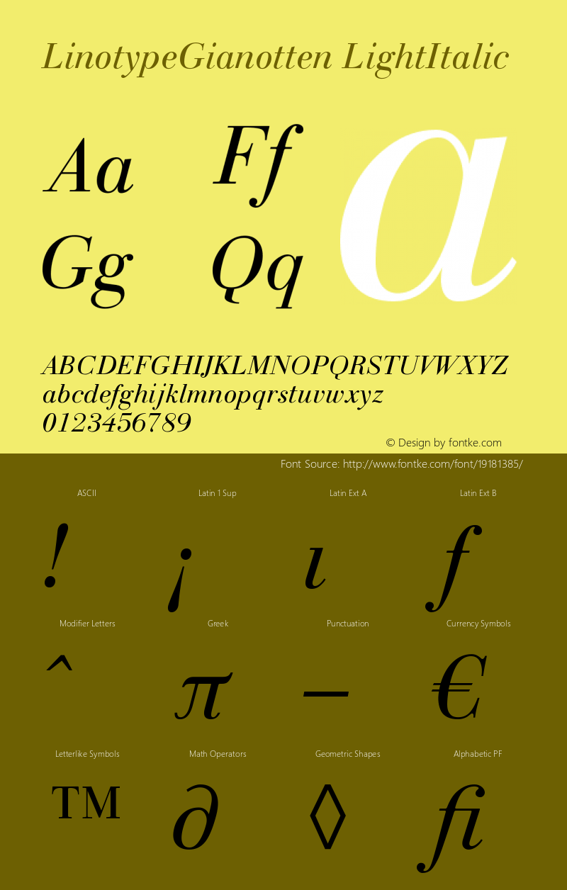 LinotypeGianotten-LightItalic Version 005.000 Font Sample