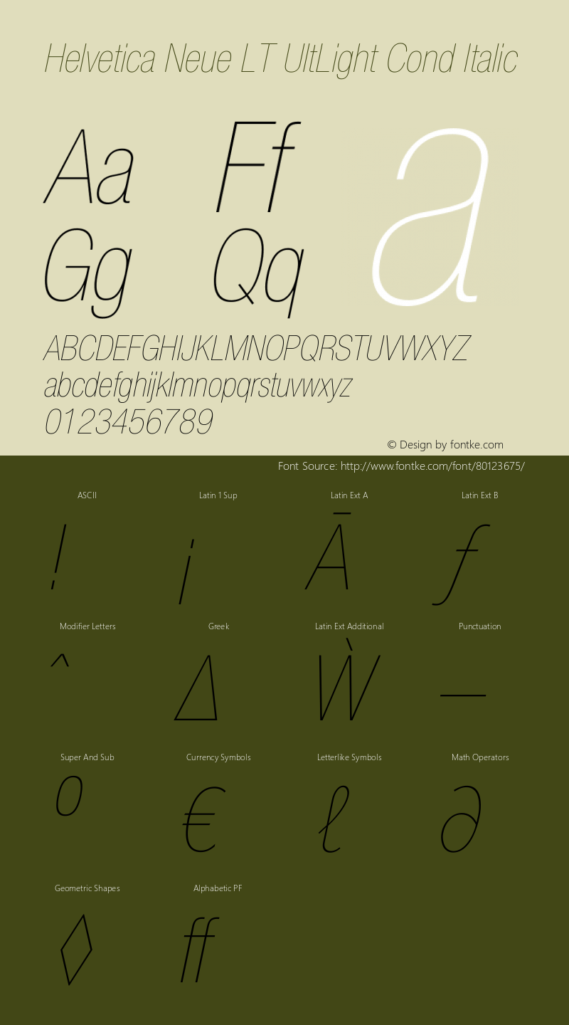 Helvetica Neue LT 27 Ultra Light Condensed Oblique 001.000 Font Sample