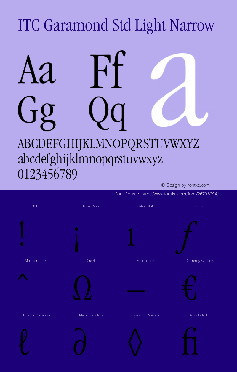 ITCGaramondStd-LtNarrow Version 2.000 Build 1000 Font Sample