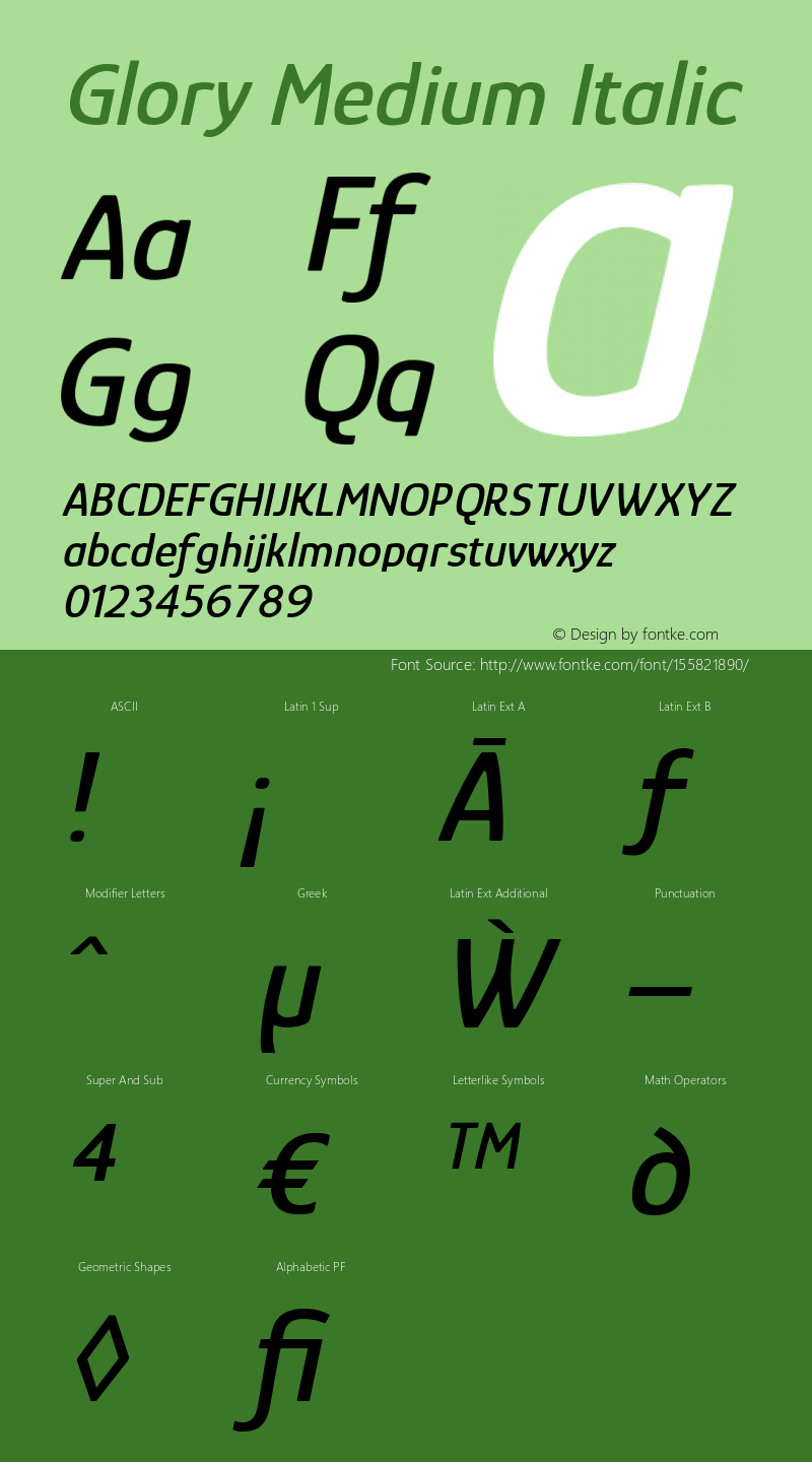 Glory Medium Italic Version 1.000; ttfautohint (v1.8.3) Font Sample