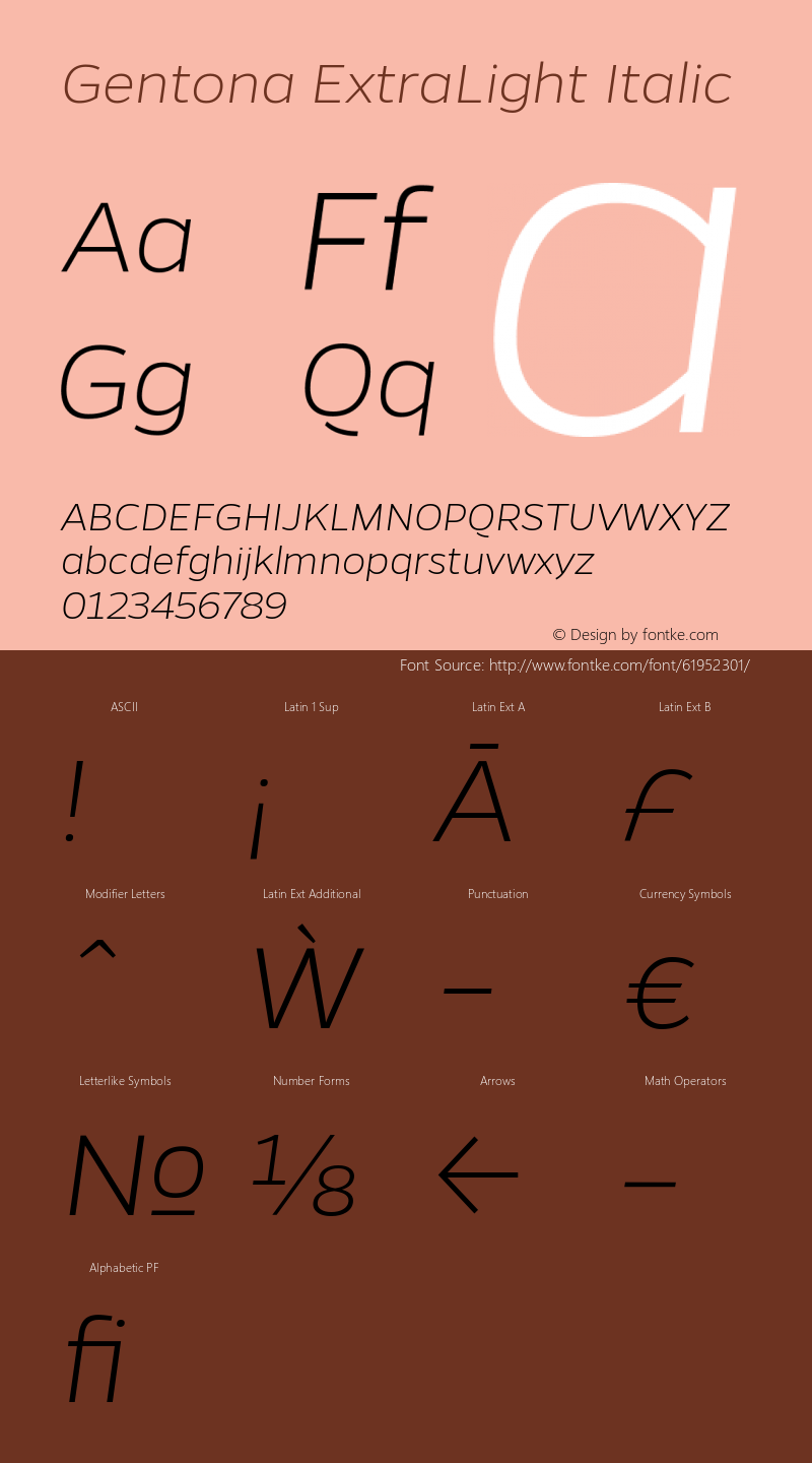 Gentona ExtraLight Italic Version 1.001;PS 001.001;hotconv 1.0.70;makeotf.lib2.5.58329 Font Sample