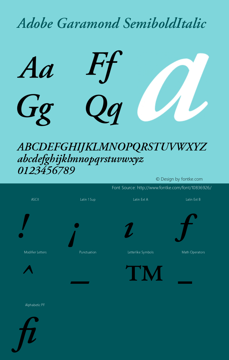 Adobe Garamond SemiboldItalic Version 001.001 Font Sample