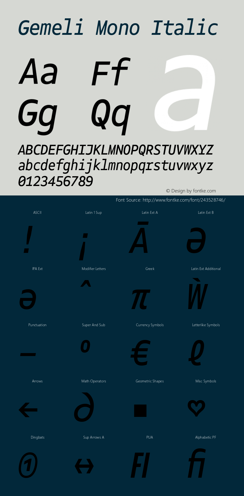 Gemeli Mono Italic Version 1.001;PS 1.1;hotconv 1.0.72;makeotf.lib2.5.5900图片样张