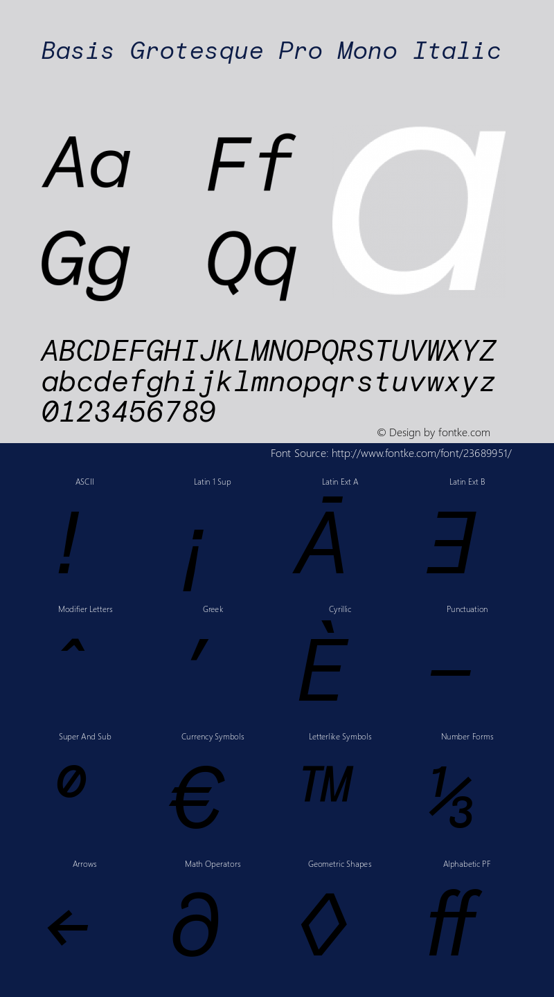 Basis Grotesque Pro Mono Italic Version 1.001; ttfautohint (v1.5) Font Sample