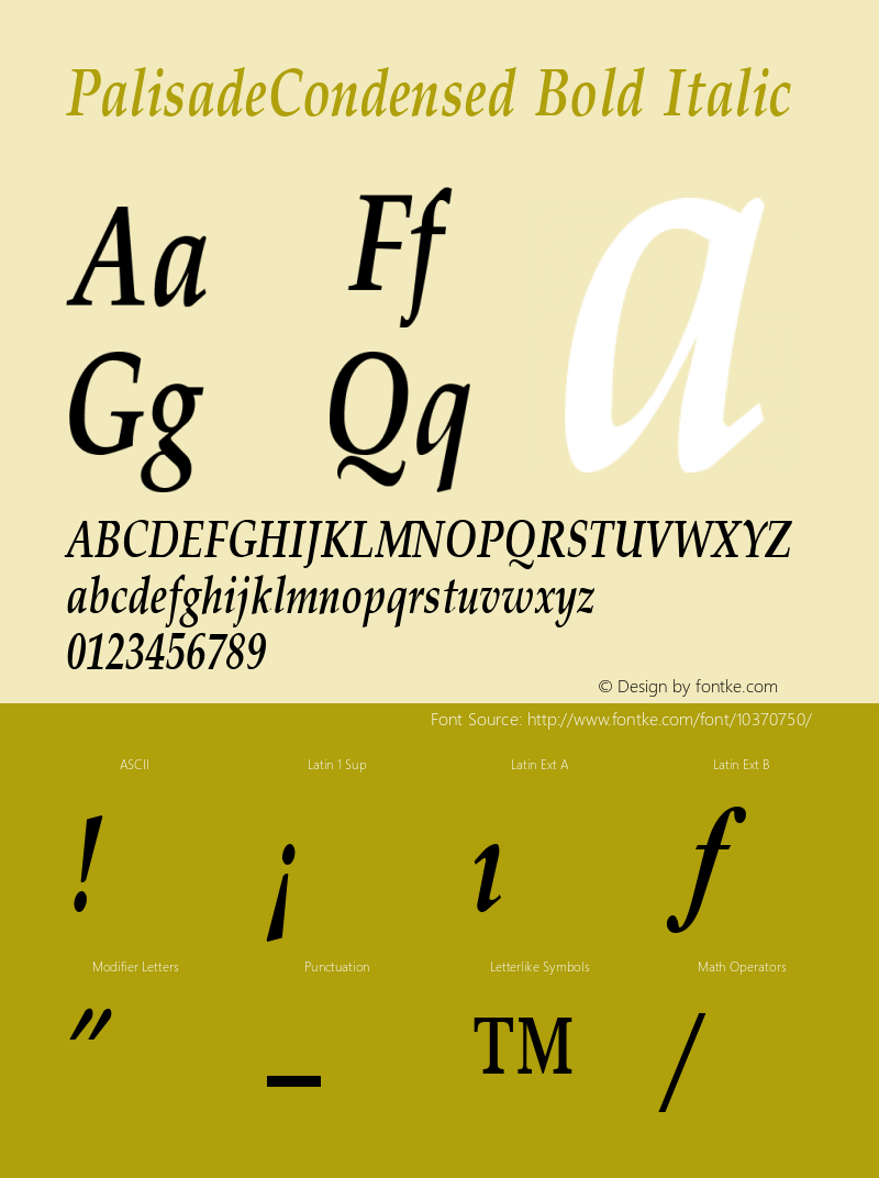 PalisadeCondensed Bold Italic Accurate Research Professional Fonts, Copyright (c)1995 Font Sample