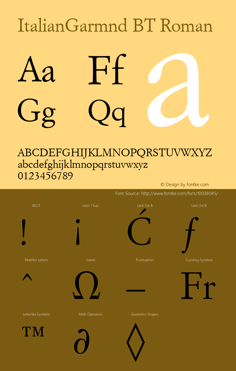 ItalianGarmnd BT Roman mfgpctt-v4.5 Fri Jun 25 07:48:16 EDT 1999 Font Sample